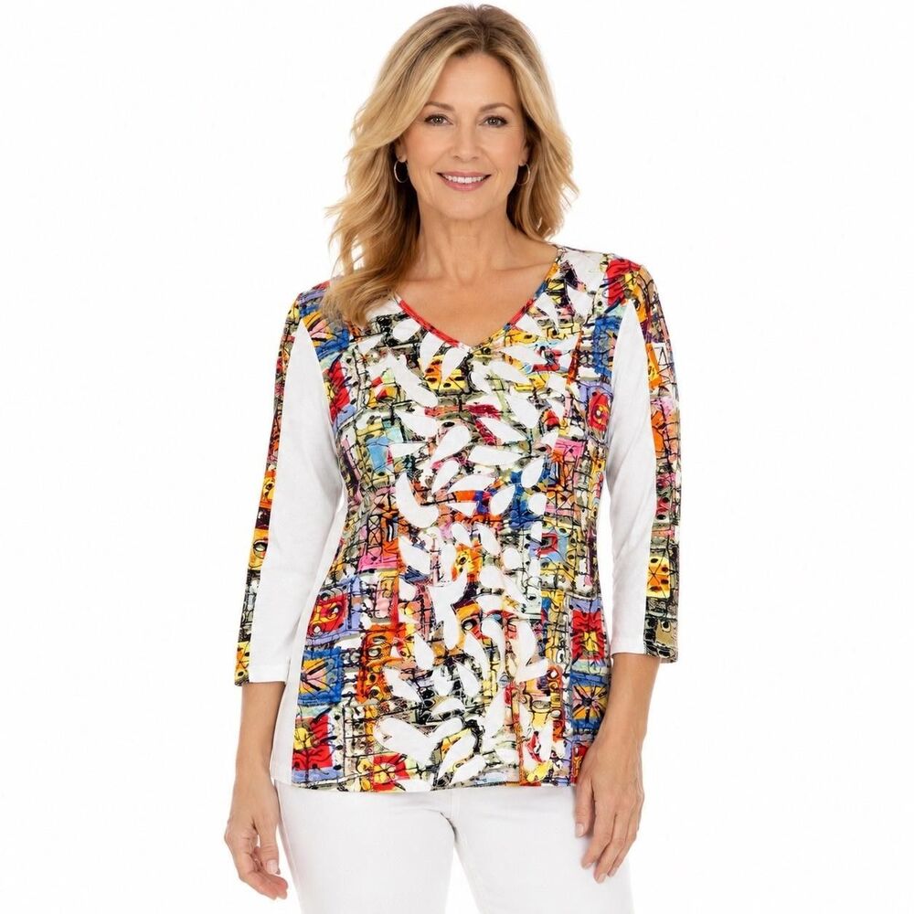 Parsley And Sage Shirt Womens Small Multicolor Geometric V Neck 3/4 Sleeve Top
